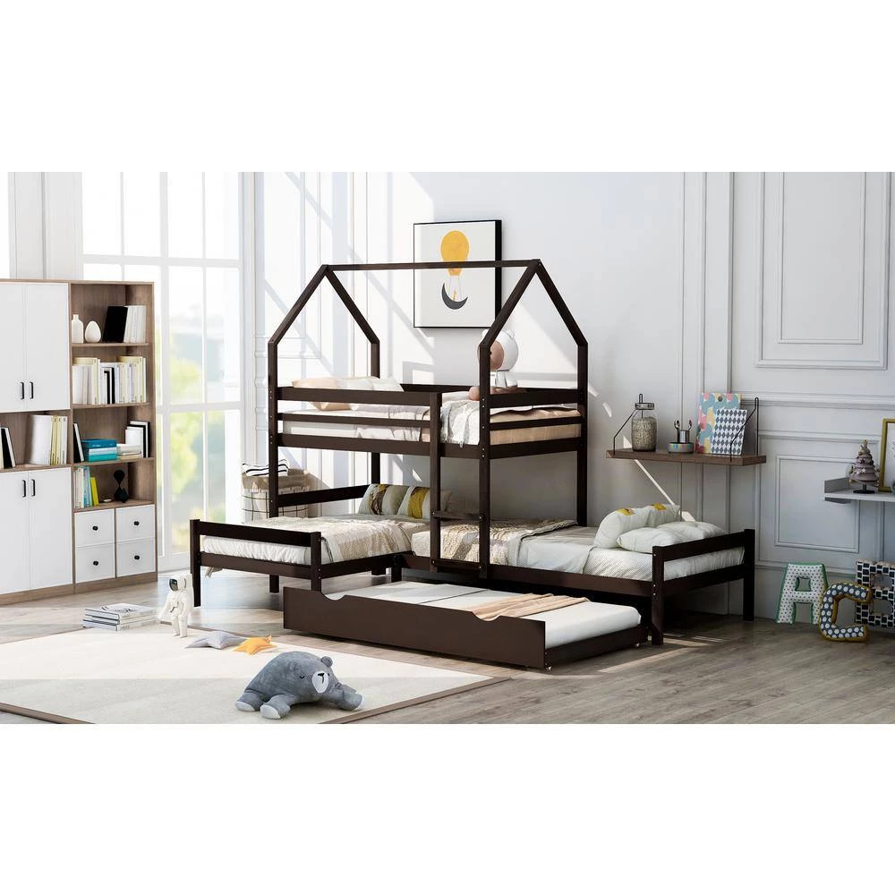Espresso Twin over Twin over Twin Triple Bunk beds with Trundle, Sturdy Wooden Playhouse Kid Bunk Bed by ANBAZAR 9 Espresso Twin over Twin over Twin Triple Bunk beds with Trundle, Sturdy Wooden Playhouse Kid Bunk Bed by ANBAZAR - Image 9