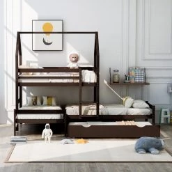 Espresso Twin over Twin over Twin Triple Bunk beds with Trundle, Sturdy Wooden Playhouse Kid Bunk Bed by ANBAZAR