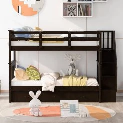 Espresso Stairway Twin-Over-Twin Bunk Bed with Three Drawers, Sturdy Wood Kid Bunk Bed Frame With Staircases by ANBAZAR