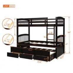 Espresso Twin Over Twin Bunk Bed with Trundle and Three Drawers, Wood Kid Bunk Bed Frame with Safety Rail and Ladder by ANBAZAR -ANBAZAR Sales espresso anbazar bunk beds 00700anna 1f 1000