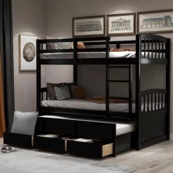 Espresso Twin Over Twin Bunk Bed with Trundle and Three Drawers, Wood Kid Bunk Bed Frame with Safety Rail and Ladder by ANBAZAR -ANBAZAR Sales espresso anbazar bunk beds 00700anna 31 1000