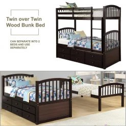 Espresso Twin Over Twin Bunk Bed with Trundle and Three Drawers, Wood Kid Bunk Bed Frame with Safety Rail and Ladder by ANBAZAR -ANBAZAR Sales espresso anbazar bunk beds 00700anna 4f 1000
