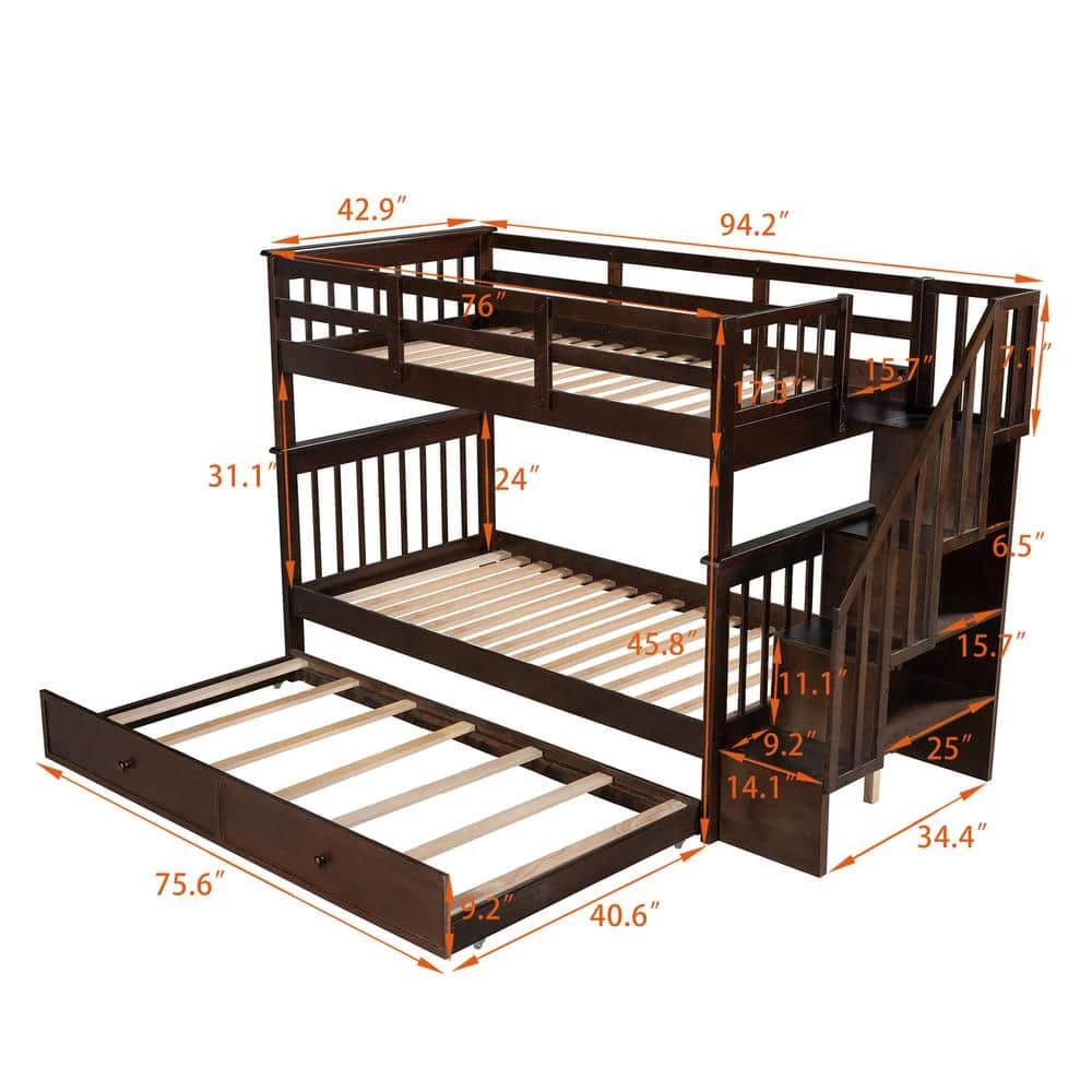 Espresso Twin-Over-Twin Stairway Bunk Bed with Trundle, Wood Kid Bunk Beds with 4 Storage Staircases and Guardrail by ANBAZAR 5 Espresso Twin-Over-Twin Stairway Bunk Bed with Trundle, Wood Kid Bunk Beds with 4 Storage Staircases and Guardrail by ANBAZAR - Image 5
