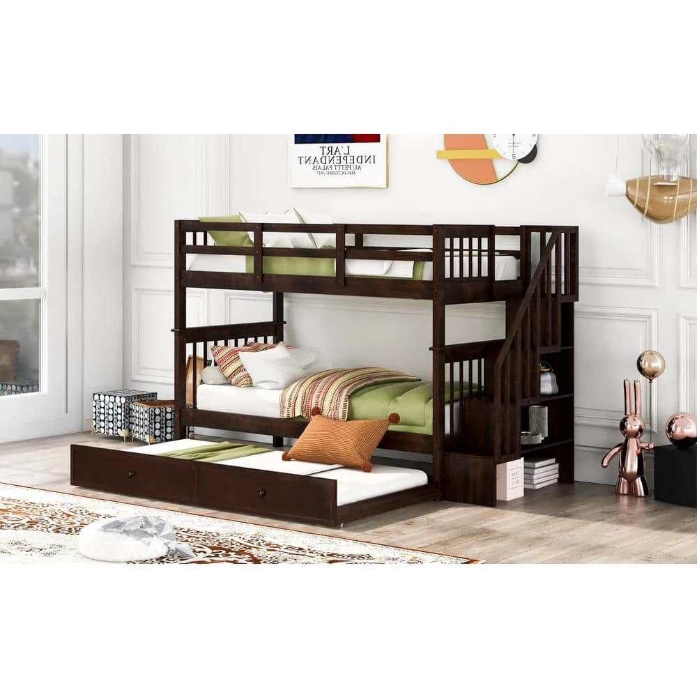 Espresso Twin-Over-Twin Stairway Bunk Bed with Trundle, Wood Kid Bunk Beds with 4 Storage Staircases and Guardrail by ANBAZAR 9 Espresso Twin-Over-Twin Stairway Bunk Bed with Trundle, Wood Kid Bunk Beds with 4 Storage Staircases and Guardrail by ANBAZAR - Image 9