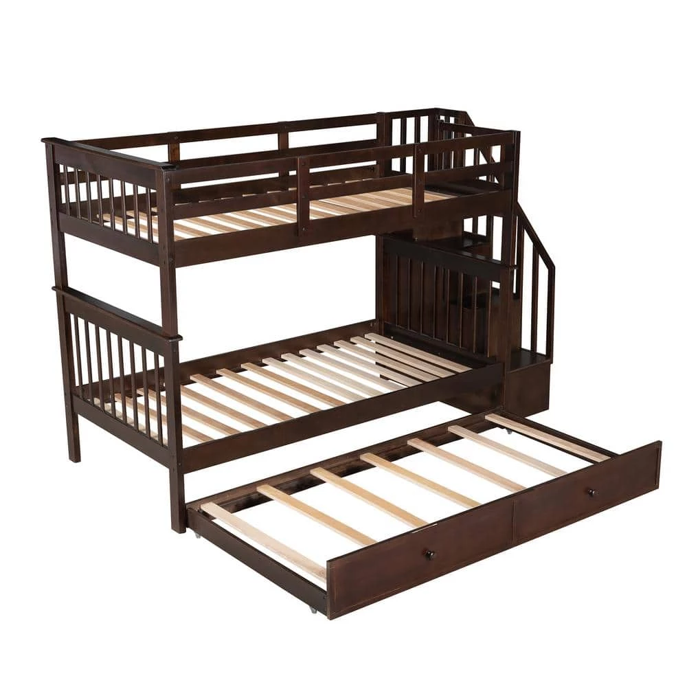 Espresso Twin-Over-Twin Stairway Bunk Bed with Trundle, Wood Kid Bunk Beds with 4 Storage Staircases and Guardrail by ANBAZAR 6 Espresso Twin-Over-Twin Stairway Bunk Bed with Trundle, Wood Kid Bunk Beds with 4 Storage Staircases and Guardrail by ANBAZAR - Image 6