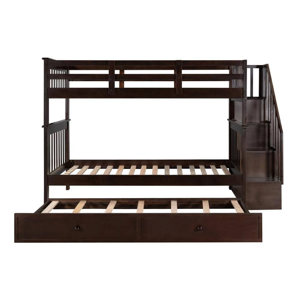 Espresso Twin-Over-Twin Stairway Bunk Bed with Trundle, Wood Kid Bunk Beds with 4 Storage Staircases and Guardrail by ANBAZAR 4 Espresso Twin-Over-Twin Stairway Bunk Bed with Trundle, Wood Kid Bunk Beds with 4 Storage Staircases and Guardrail by ANBAZAR - Image 4