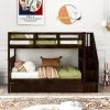 Espresso Twin-Over-Twin Stairway Bunk Bed with Trundle, Wood Kid Bunk Beds with 4 Storage Staircases and Guardrail by ANBAZAR