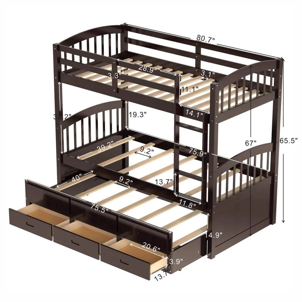 Espresso Twin Over Twin Bunk Bed with Twin Trundle, Detachable Wood Kids Bunk Bed with 3 Drawers and Built-in Ladder by ANBAZAR 5 Espresso Twin Over Twin Bunk Bed with Twin Trundle, Detachable Wood Kids Bunk Bed with 3 Drawers and Built-in Ladder by ANBAZAR - Image 5