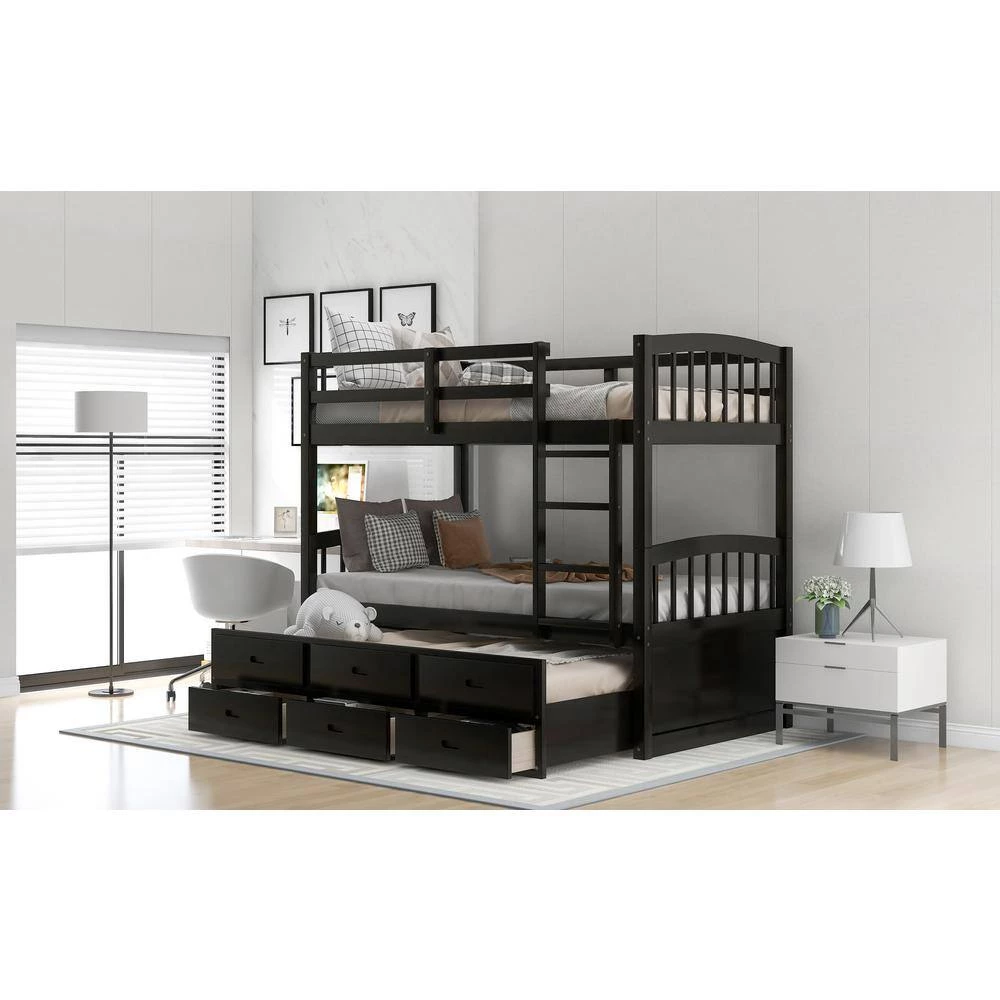Espresso Twin Over Twin Bunk Bed with Twin Trundle, Detachable Wood Kids Bunk Bed with 3 Drawers and Built-in Ladder by ANBAZAR 9 Espresso Twin Over Twin Bunk Bed with Twin Trundle, Detachable Wood Kids Bunk Bed with 3 Drawers and Built-in Ladder by ANBAZAR - Image 9