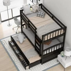 Espresso Twin Over Twin Bunk Bed with Twin Trundle, Detachable Wood Kids Bunk Bed with 3 Drawers and Built-in Ladder by ANBAZAR 12 Espresso Twin Over Twin Bunk Bed with Twin Trundle, Detachable Wood Kids Bunk Bed with 3 Drawers and Built-in Ladder by ANBAZAR -ANBAZAR Sales espresso anbazar bunk beds 01058anna p 4f 1000