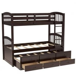 Espresso Twin Over Twin Bunk Bed with Twin Trundle, Detachable Wood Kids Bunk Bed with 3 Drawers and Built-in Ladder by ANBAZAR