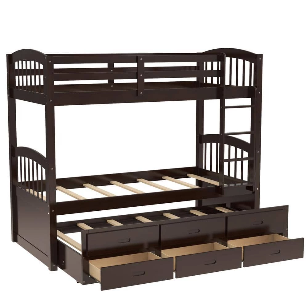 Espresso Twin Over Twin Bunk Bed with Twin Trundle, Detachable Wood Kids Bunk Bed with 3 Drawers and Built-in Ladder by ANBAZAR 1 Espresso Twin Over Twin Bunk Bed with Twin Trundle, Detachable Wood Kids Bunk Bed with 3 Drawers and Built-in Ladder by ANBAZAR