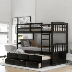 Espresso Twin Over Twin Bunk Bed with Twin Trundle, Detachable Wood Kids Bunk Bed with 3 Drawers and Built-in Ladder by ANBAZAR 11 Espresso Twin Over Twin Bunk Bed with Twin Trundle, Detachable Wood Kids Bunk Bed with 3 Drawers and Built-in Ladder by ANBAZAR -ANBAZAR Sales espresso anbazar bunk beds 01058anna p c3 1000
