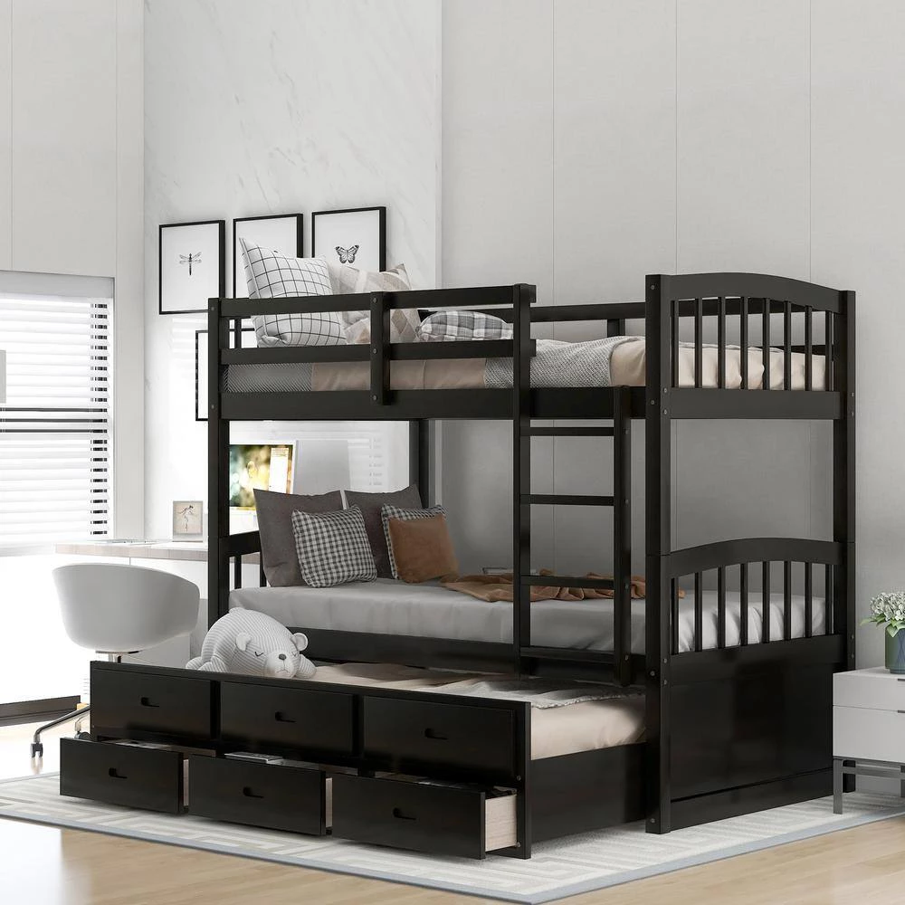 Espresso Twin Over Twin Bunk Bed with Twin Trundle, Detachable Wood Kids Bunk Bed with 3 Drawers and Built-in Ladder by ANBAZAR 3 Espresso Twin Over Twin Bunk Bed with Twin Trundle, Detachable Wood Kids Bunk Bed with 3 Drawers and Built-in Ladder by ANBAZAR - Image 3