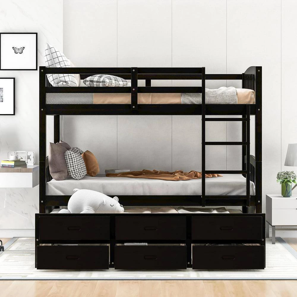 Espresso Twin Over Twin Bunk Bed with Twin Trundle, Detachable Wood Kids Bunk Bed with 3 Drawers and Built-in Ladder by ANBAZAR 2 Espresso Twin Over Twin Bunk Bed with Twin Trundle, Detachable Wood Kids Bunk Bed with 3 Drawers and Built-in Ladder by ANBAZAR - Image 2