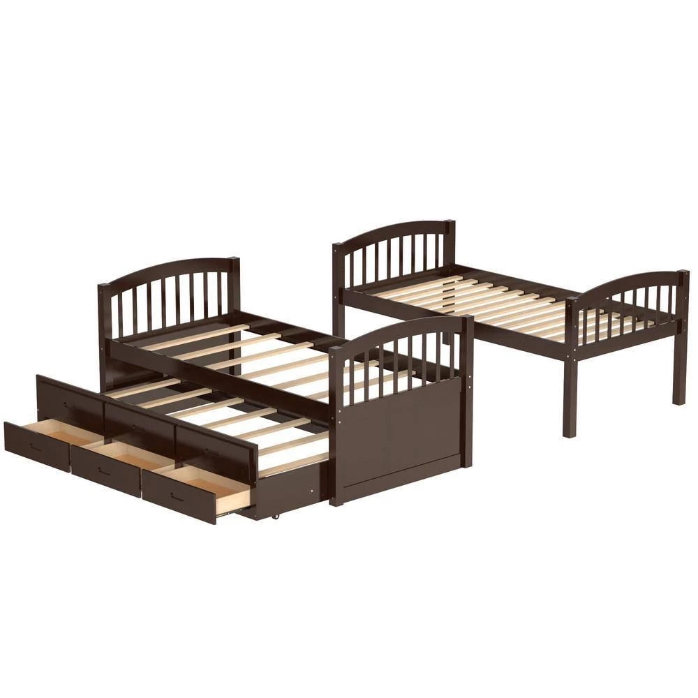 Espresso Twin Over Twin Bunk Bed with Twin Trundle, Detachable Wood Kids Bunk Bed with 3 Drawers and Built-in Ladder by ANBAZAR 7 Espresso Twin Over Twin Bunk Bed with Twin Trundle, Detachable Wood Kids Bunk Bed with 3 Drawers and Built-in Ladder by ANBAZAR - Image 7