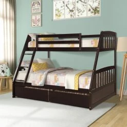 Espresso Wood Detachable Twin Over Full Bunk Beds with 2 Drawers, Kids Bunk Bed Frame with Ladder and Safety Guard Rail by ANBAZAR