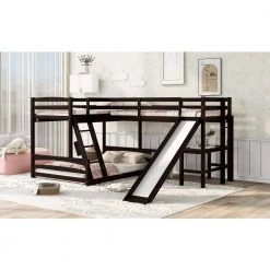 Espresso Twin Over Full L-Shaped Triple Bunk Beds with Slide and Desk, 3 Kids Wood Bunk Bed Frame with 2 Ladders by ANBAZAR -ANBAZAR Sales espresso anbazar bunk beds 01690anna p 31 1000
