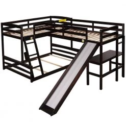 Espresso Twin Over Full L-Shaped Triple Bunk Beds with Slide and Desk, 3 Kids Wood Bunk Bed Frame with 2 Ladders by ANBAZAR -ANBAZAR Sales espresso anbazar bunk beds 01690anna p 44 1000