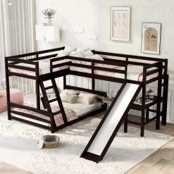 Espresso Twin Over Full L-Shaped Triple Bunk Beds with Slide and Desk, 3 Kids Wood Bunk Bed Frame with 2 Ladders by ANBAZAR