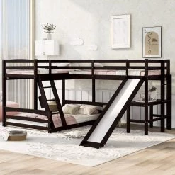 Espresso Twin Over Full L-Shaped Triple Bunk Beds with Slide and Desk, 3 Kids Wood Bunk Bed Frame with 2 Ladders by ANBAZAR -ANBAZAR Sales espresso anbazar bunk beds 01690anna p c3 1000