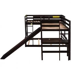 Espresso Twin Over Full L-Shaped Triple Bunk Beds with Slide and Desk, 3 Kids Wood Bunk Bed Frame with 2 Ladders by ANBAZAR -ANBAZAR Sales espresso anbazar bunk beds 01690anna p fa 1000
