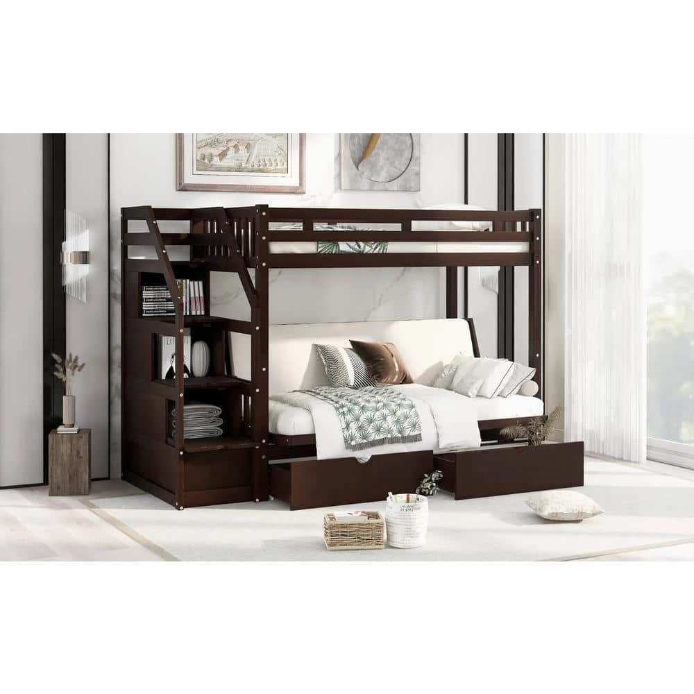 Espresso Wood Stairway Twin Over Full Kids Bunk Bed with Staircases and 2 Drawers, Down Bed can be Converted into Daybed by ANBAZAR 9 Espresso Wood Stairway Twin Over Full Kids Bunk Bed with Staircases and 2 Drawers, Down Bed can be Converted into Daybed by ANBAZAR - Image 9