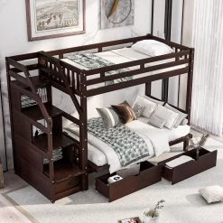 Espresso Wood Stairway Twin Over Full Kids Bunk Bed with Staircases and 2 Drawers, Down Bed can be Converted into Daybed by ANBAZAR 11 Espresso Wood Stairway Twin Over Full Kids Bunk Bed with Staircases and 2 Drawers, Down Bed can be Converted into Daybed by ANBAZAR -ANBAZAR Sales espresso anbazar bunk beds 01761anna p c3 1000