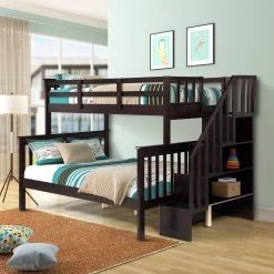 Espresso Twin Over Full Detachable Kids Bunk Bed with Staircases, Wood Bunk Bed with Storage Shelf and Safety Guardrails by ANBAZAR -ANBAZAR Sales espresso anbazar bunk beds 01783anna p 31 1000