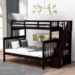 Espresso Twin Over Full Detachable Kids Bunk Bed with Staircases, Wood Bunk Bed with Storage Shelf and Safety Guardrails by ANBAZAR