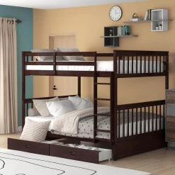 Espresso Detachable Full Bunk Bed with 2 Drawers, Solid Wood Kids Bunk Bed Frame with Ladder and Guardrail by ANBAZAR