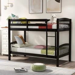 Wood Bunk Bed Twin Over Twin Bunk Bed Wood 2 in 1 Bunk Bed with Ladder and Guardrails for Kids, Teens Espresso by ANBAZAR -ANBAZAR Sales espresso anbazar bunk beds ff90 p 40 1000