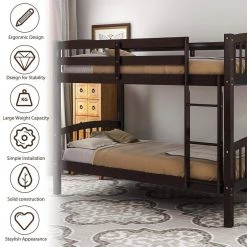 Wood Bunk Bed Twin Over Twin Bunk Bed Wood 2 in 1 Bunk Bed with Ladder and Guardrails for Kids, Teens Espresso by ANBAZAR -ANBAZAR Sales espresso anbazar bunk beds ff90 p 4f 1000
