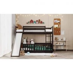 Twin Over Twin Bunk Bed for Kids, Wooden Bunk Bed with Slide and Ladder, Solid Wood Low Bunk Beds Frame, Espresso by ANBAZAR -ANBAZAR Sales espresso anbazar bunk beds ff92 p 31 1000