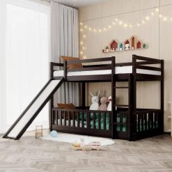 Twin Over Twin Bunk Bed for Kids, Wooden Bunk Bed with Slide and Ladder, Solid Wood Low Bunk Beds Frame, Espresso by ANBAZAR -ANBAZAR Sales espresso anbazar bunk beds ff92 p 40 1000