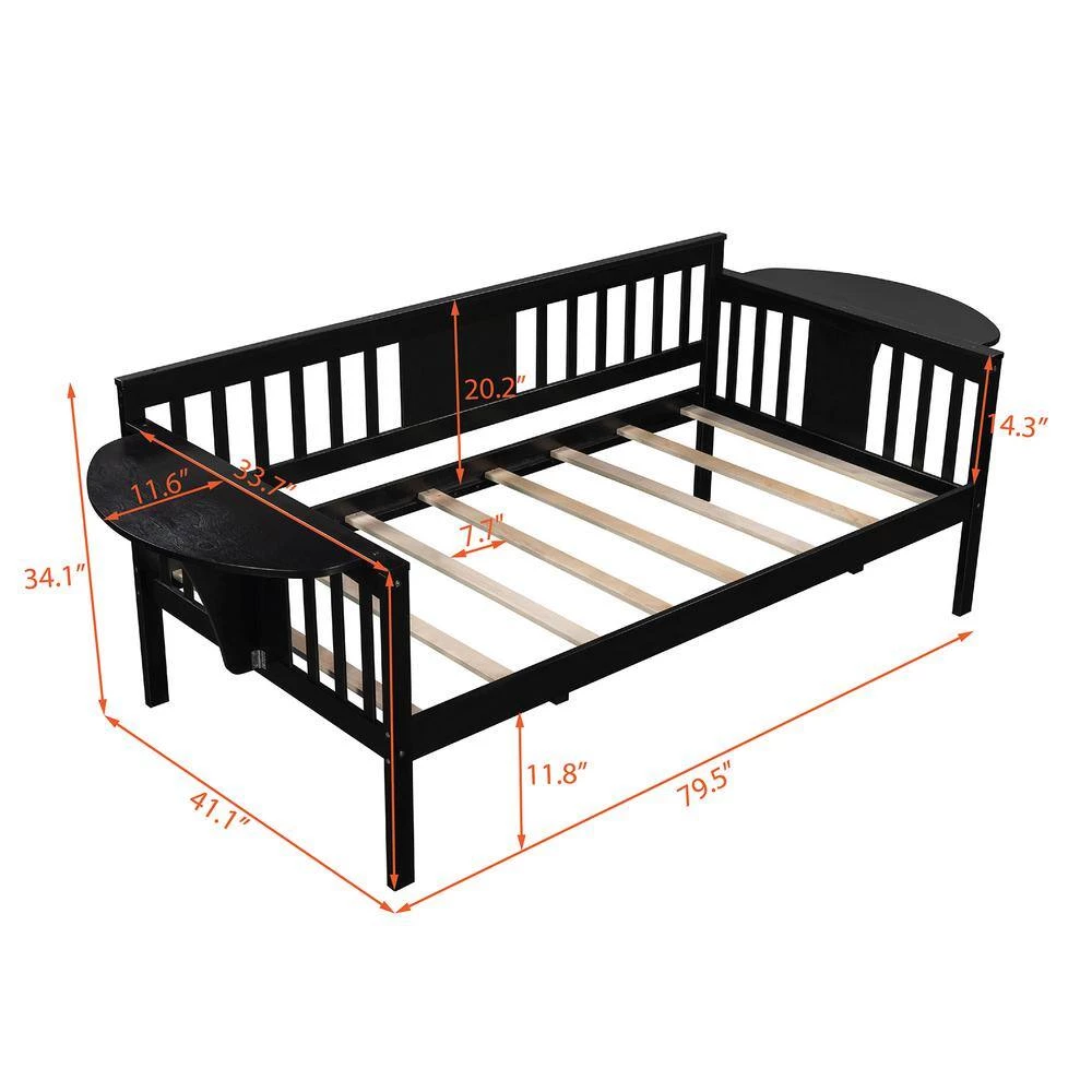 Twin Size Espresso Wood Daybed Frame with Small Foldable Table, Twin Sofa Bed With Wood Slat Support by ANBAZAR 5 Twin Size Espresso Wood Daybed Frame with Small Foldable Table, Twin Sofa Bed With Wood Slat Support by ANBAZAR - Image 5