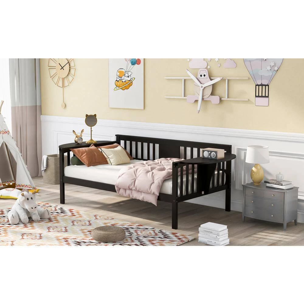Twin Size Espresso Wood Daybed Frame with Small Foldable Table, Twin Sofa Bed With Wood Slat Support by ANBAZAR 9 Twin Size Espresso Wood Daybed Frame with Small Foldable Table, Twin Sofa Bed With Wood Slat Support by ANBAZAR - Image 9