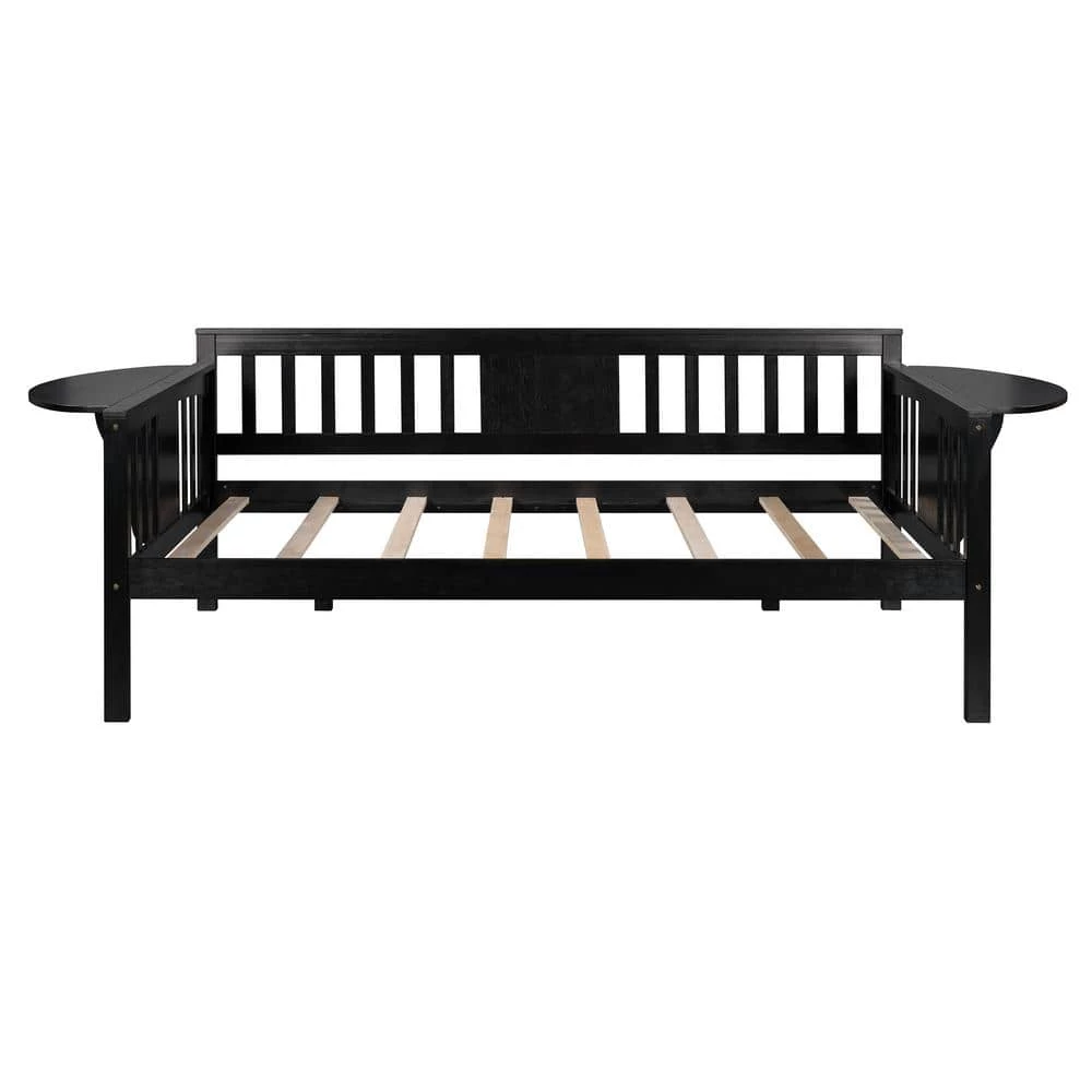 Twin Size Espresso Wood Daybed Frame with Small Foldable Table, Twin Sofa Bed With Wood Slat Support by ANBAZAR 1 Twin Size Espresso Wood Daybed Frame with Small Foldable Table, Twin Sofa Bed With Wood Slat Support by ANBAZAR
