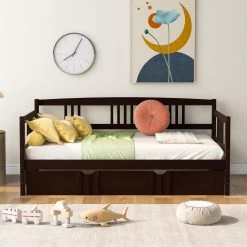 Twin Size Espresso Wood Daybed with A Trundle, Dual-use Sturdy Sofa Bed for Living Room, No Box Spring Needed by ANBAZAR