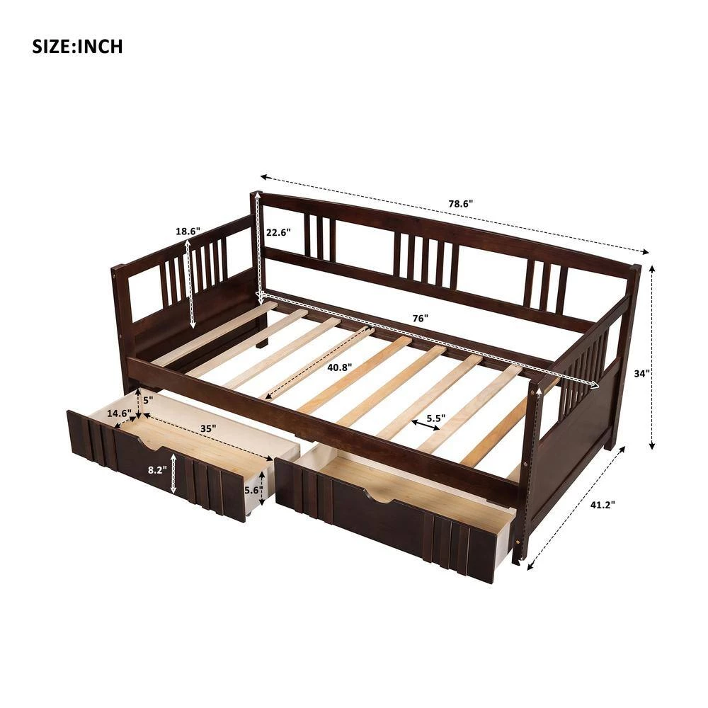 Twin Size Espresso Wood Daybed Frame with Two Drawers, Dual-use Sturdy Sofa Bed for Living Room, No Box Spring Needed by ANBAZAR 5 Twin Size Espresso Wood Daybed Frame with Two Drawers, Dual-use Sturdy Sofa Bed for Living Room, No Box Spring Needed by ANBAZAR - Image 5