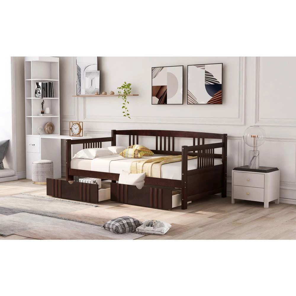 Twin Size Espresso Wood Daybed Frame with Two Drawers, Dual-use Sturdy Sofa Bed for Living Room, No Box Spring Needed by ANBAZAR 9 Twin Size Espresso Wood Daybed Frame with Two Drawers, Dual-use Sturdy Sofa Bed for Living Room, No Box Spring Needed by ANBAZAR - Image 9