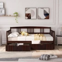 Twin Size Espresso Wood Daybed Frame with Two Drawers, Dual-use Sturdy Sofa Bed for Living Room, No Box Spring Needed by ANBAZAR