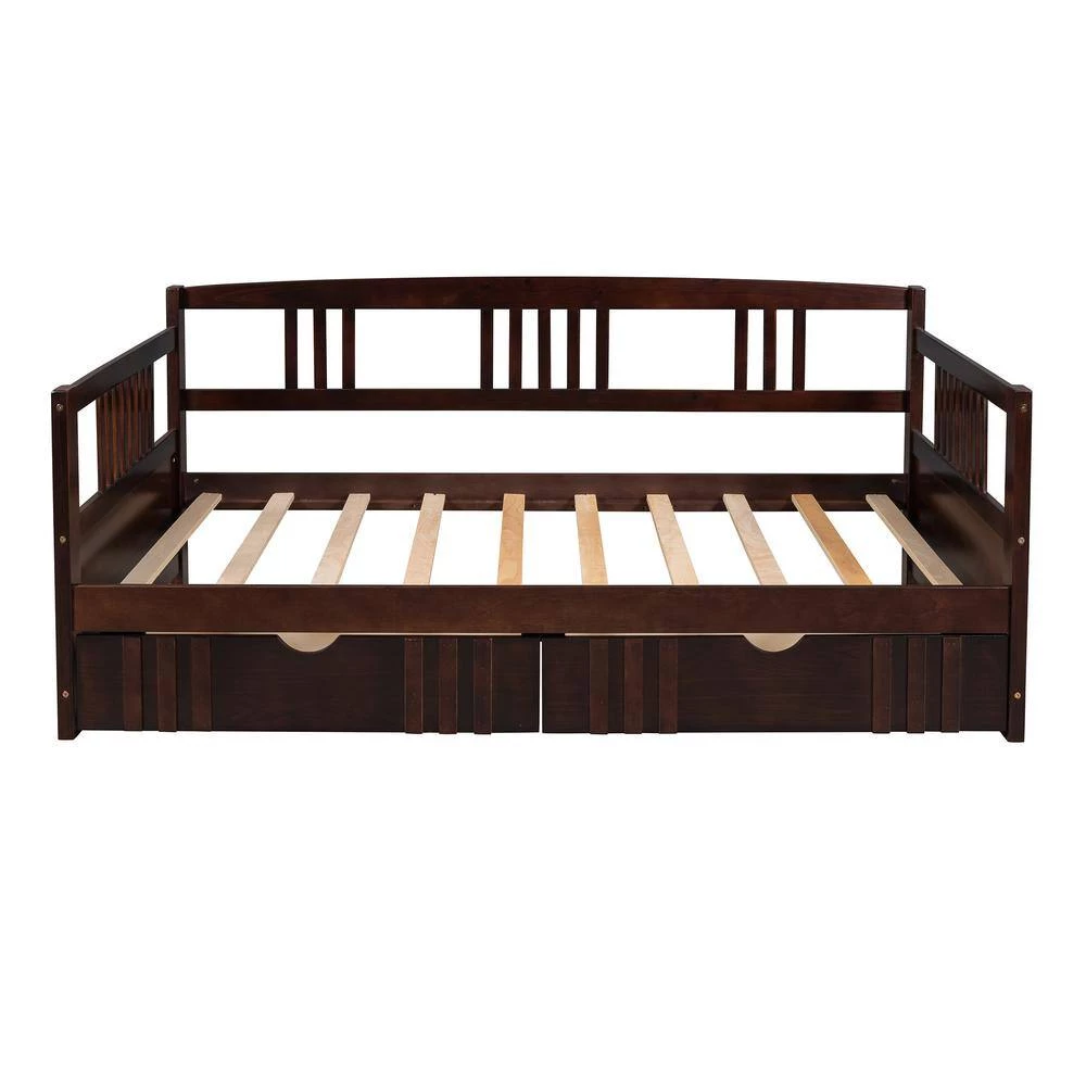 Twin Size Espresso Wood Daybed Frame with Two Drawers, Dual-use Sturdy Sofa Bed for Living Room, No Box Spring Needed by ANBAZAR 3 Twin Size Espresso Wood Daybed Frame with Two Drawers, Dual-use Sturdy Sofa Bed for Living Room, No Box Spring Needed by ANBAZAR - Image 3