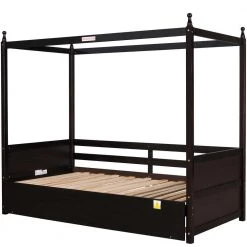 Espresso Twin Size Daybed Canopy Bed Wood Platform Bed with Pull-Out Trundle, Extendable Kids Daybed Twin to Double Twin by ANBAZAR -ANBAZAR Sales espresso anbazar daybeds 01753anna p 44 1000