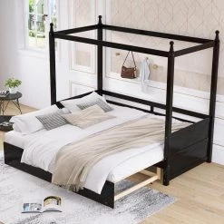 Espresso Twin Size Daybed Canopy Bed Wood Platform Bed with Pull-Out Trundle, Extendable Kids Daybed Twin to Double Twin by ANBAZAR