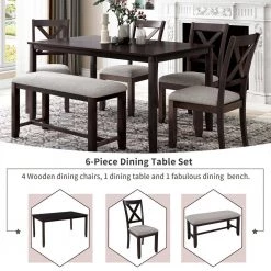 Espresso 6-Pieces Wood Dining Table Chair Set for 6 People, Rectangle Dining Table, 4 Cushioned Chairs and Bench by ANBAZAR 14 Espresso 6-Pieces Wood Dining Table Chair Set for 6 People, Rectangle Dining Table, 4 Cushioned Chairs and Bench by ANBAZAR -ANBAZAR Sales espresso anbazar dining room sets 01642anna p 44 1000
