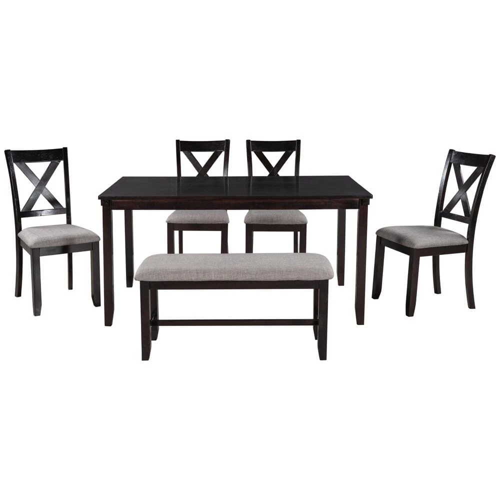 Espresso 6-Pieces Wood Dining Table Chair Set for 6 People, Rectangle Dining Table, 4 Cushioned Chairs and Bench by ANBAZAR 4 Espresso 6-Pieces Wood Dining Table Chair Set for 6 People, Rectangle Dining Table, 4 Cushioned Chairs and Bench by ANBAZAR - Image 4