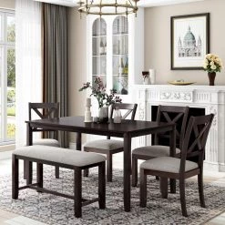 Espresso 6-Pieces Wood Dining Table Chair Set for 6 People, Rectangle Dining Table, 4 Cushioned Chairs and Bench by ANBAZAR