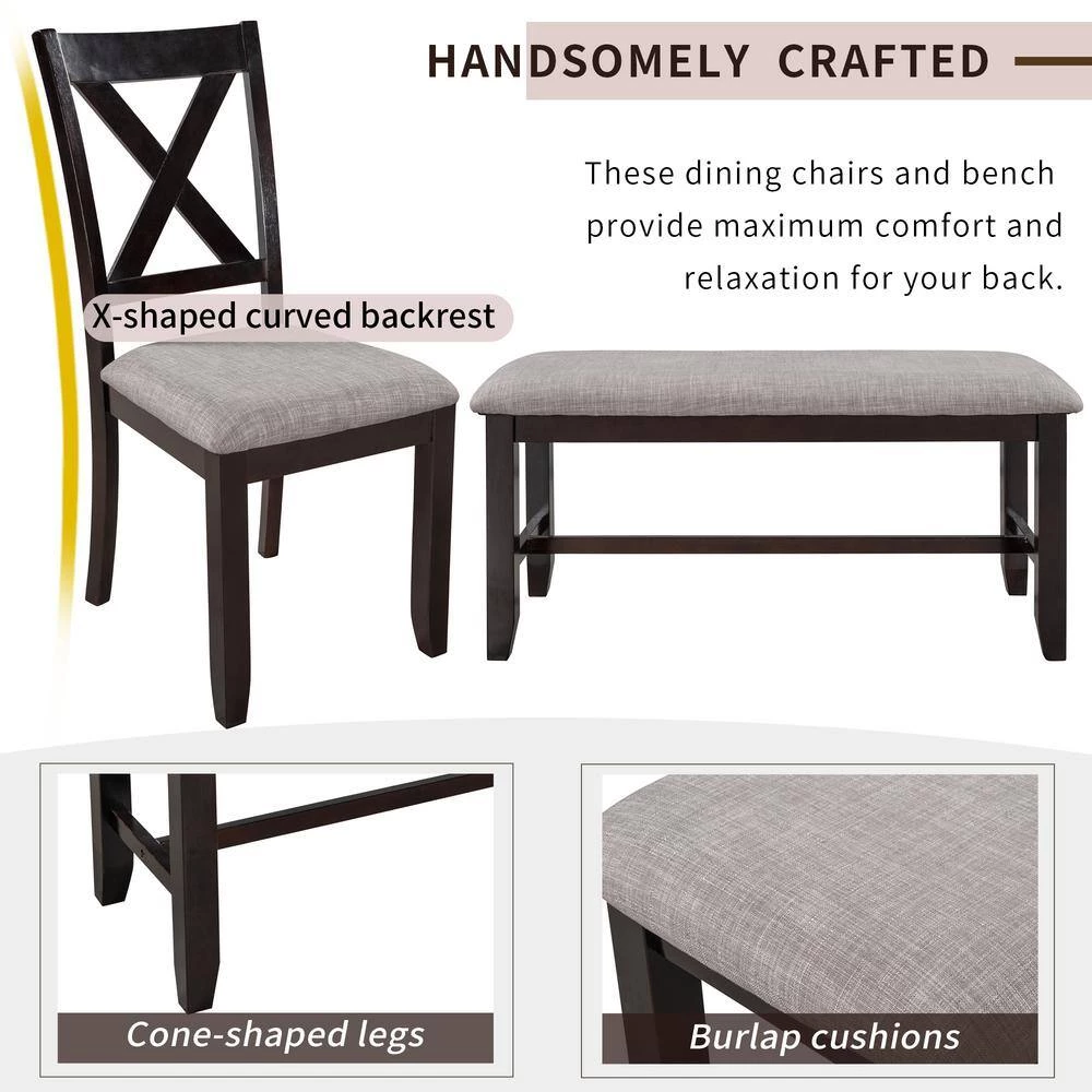 Espresso 6-Pieces Wood Dining Table Chair Set for 6 People, Rectangle Dining Table, 4 Cushioned Chairs and Bench by ANBAZAR 8 Espresso 6-Pieces Wood Dining Table Chair Set for 6 People, Rectangle Dining Table, 4 Cushioned Chairs and Bench by ANBAZAR - Image 8