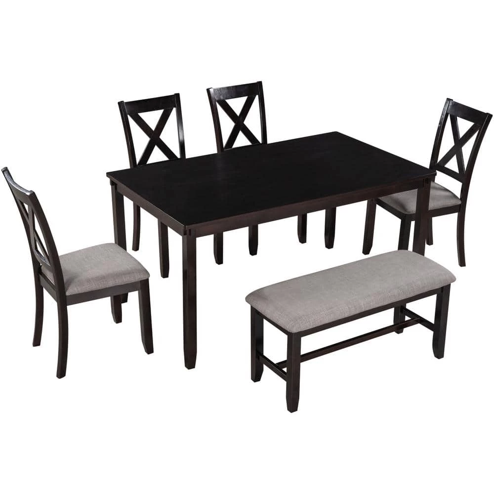 Espresso 6-Pieces Wood Dining Table Chair Set for 6 People, Rectangle Dining Table, 4 Cushioned Chairs and Bench by ANBAZAR 3 Espresso 6-Pieces Wood Dining Table Chair Set for 6 People, Rectangle Dining Table, 4 Cushioned Chairs and Bench by ANBAZAR - Image 3